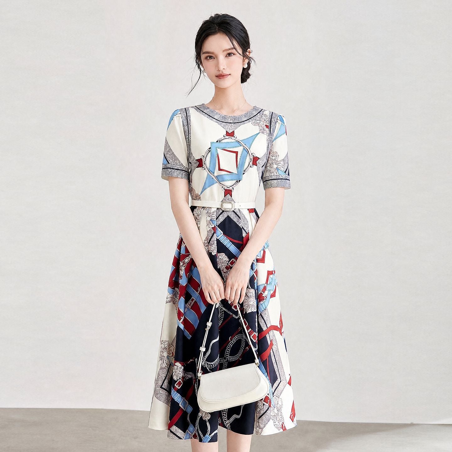 Fashionable Heavy-Worked Chain Print Slimming Dress High-Quality South Oil A-Line Skirt Short Sleeve round Neck Commute Style