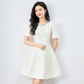 Elegant Simple White Dress Pearl Collar Women's Dress Slimming Midi Dress Knitted Fabric round Neck Short Sleeve mid Waist