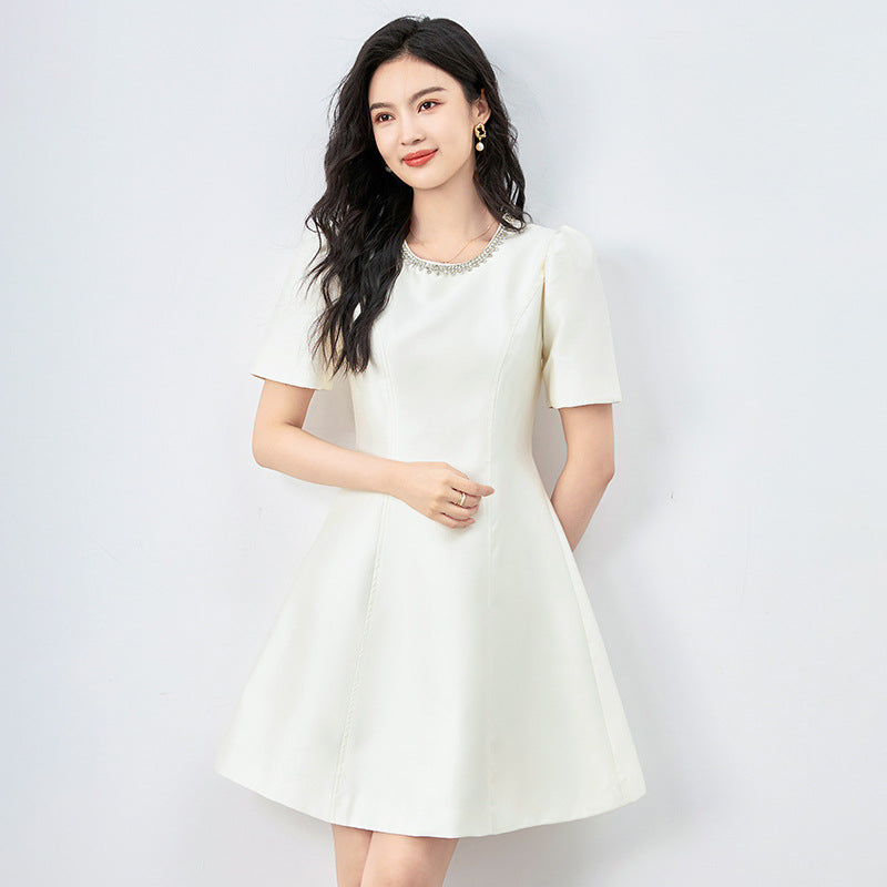 Elegant Simple White Dress Pearl Collar Women's Dress Slimming Midi Dress Knitted Fabric round Neck Short Sleeve mid Waist