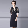 Vintage Midi Women's Dress Urban Elegant Quality Feminine Black Lace Hook Flowers Pleated Gown Club Party Feast Vestidos
