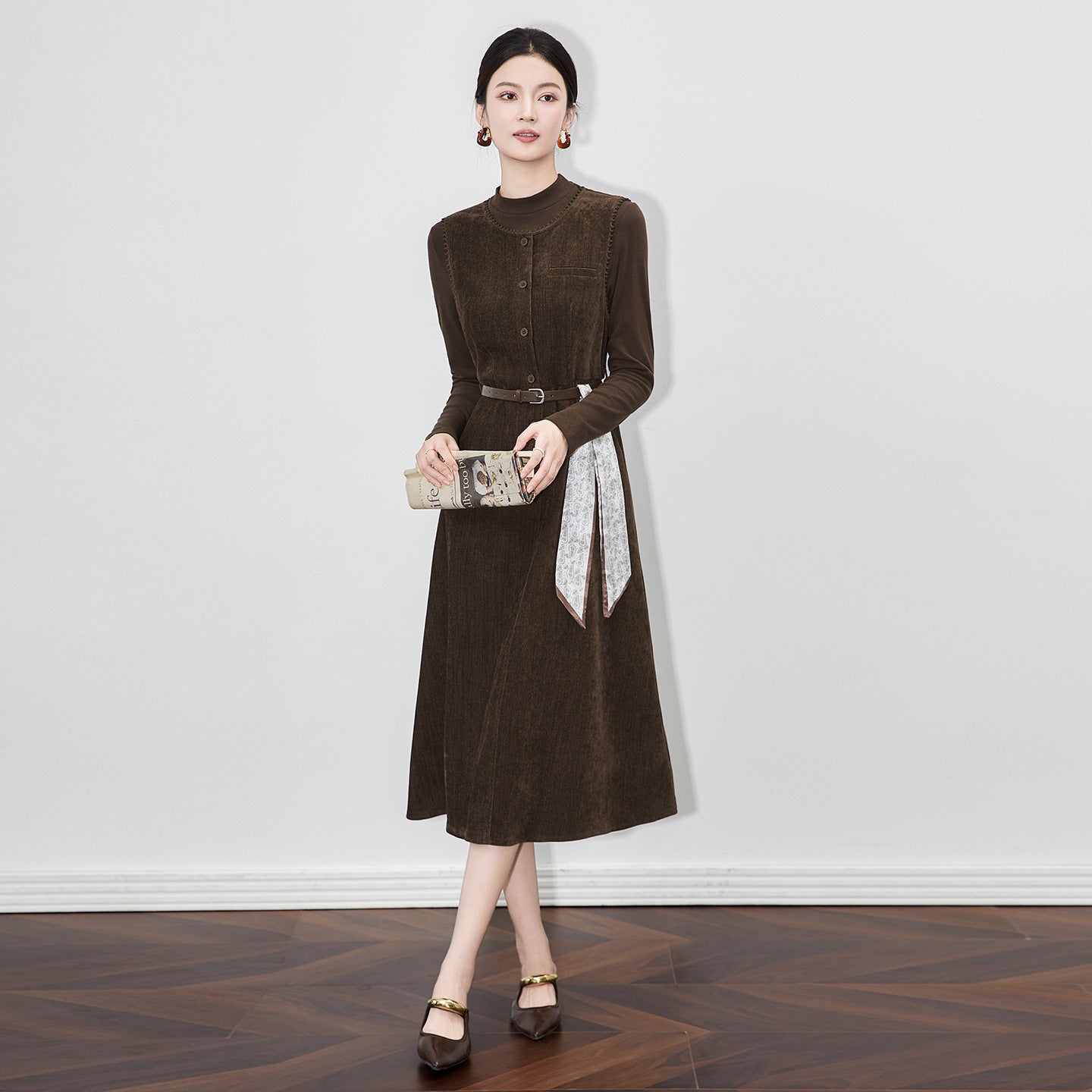 French Style Pure Color Base Shirt And Chenille Vest Dress Two-Piece Set Elegant Commute Polyester Lycra Blend Casual Set