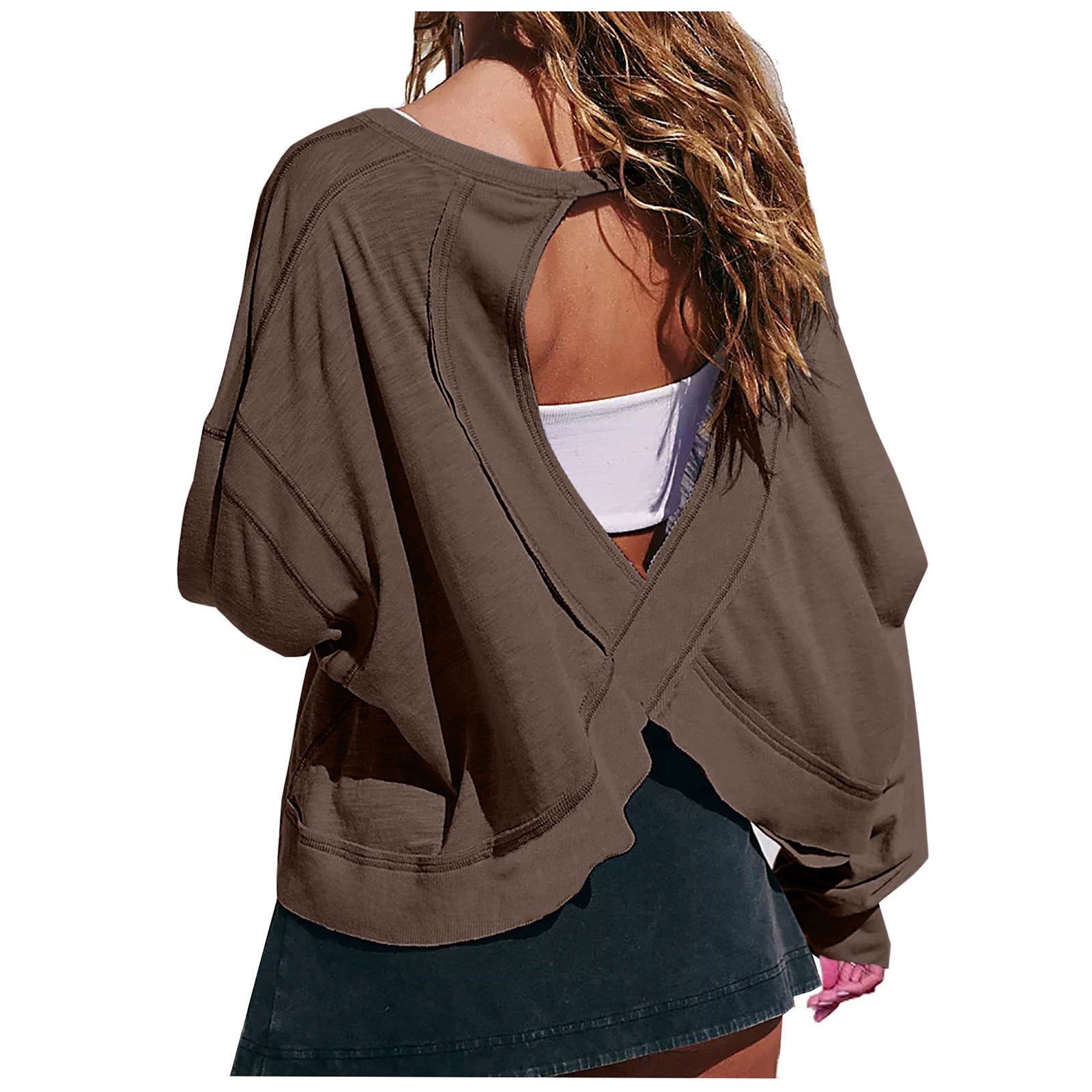 Women's T-shirt Spring Summer O-Neck Loose Long-sleeved Backless Hollow Out Personality Casual Tshirt Sports Tops