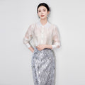 Autumn Light Luxury Blouse Female Single Breasted Turn-down Collar Long Sleeve Lace Design Beading Women's Shirts