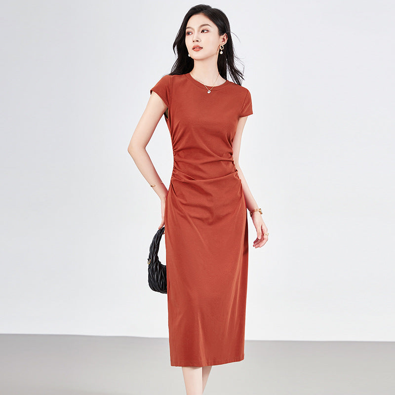 Summer Bodycon Dress Female Casual Pleated Slim Short Sleeve O-Neck Dress T Shirts Korea Chic Vintage Lady Dress