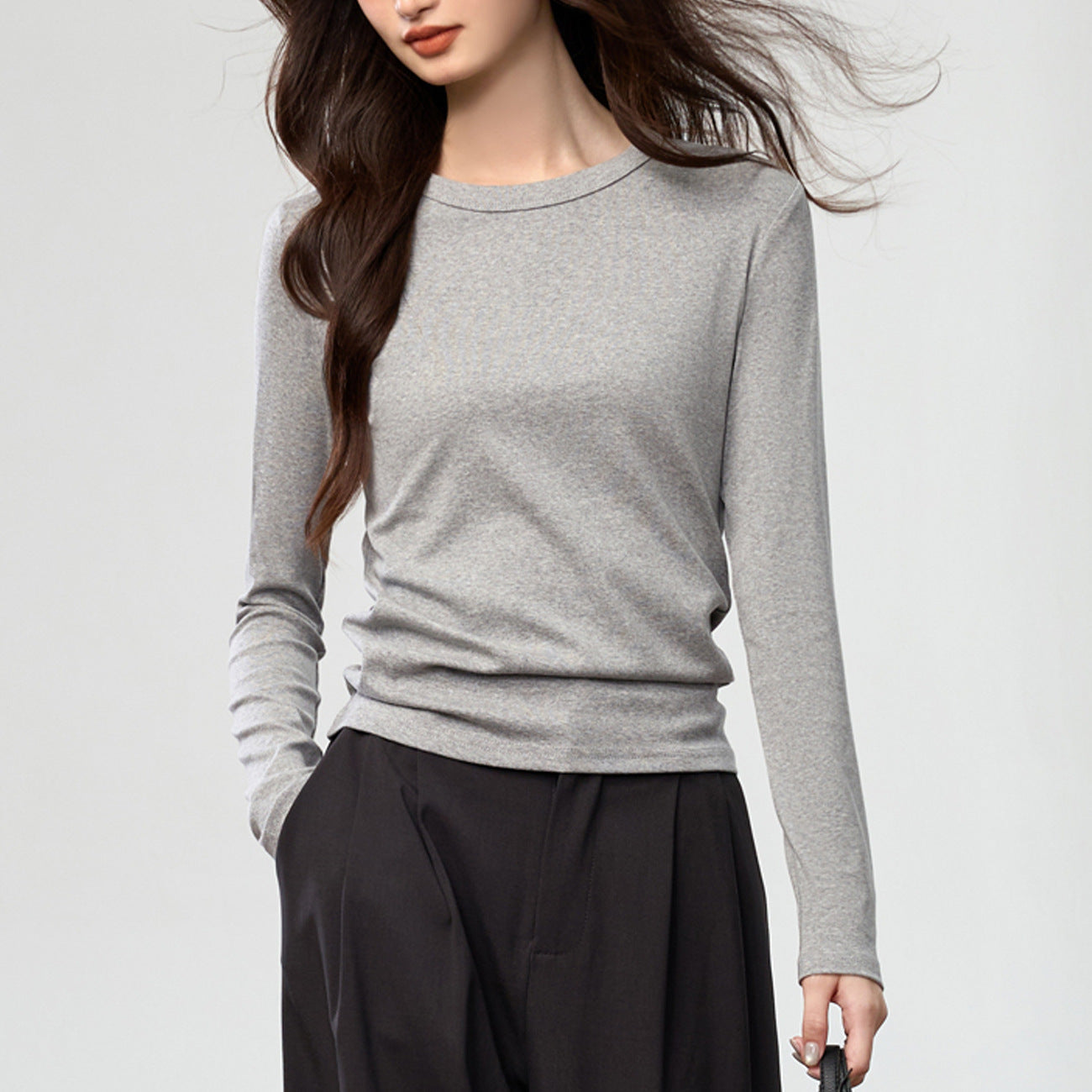 Pure Cotton Bright Line Design Versatile Long-sleeved T-shirt Women's Simple Crew Neck Bottoming Shirt Top