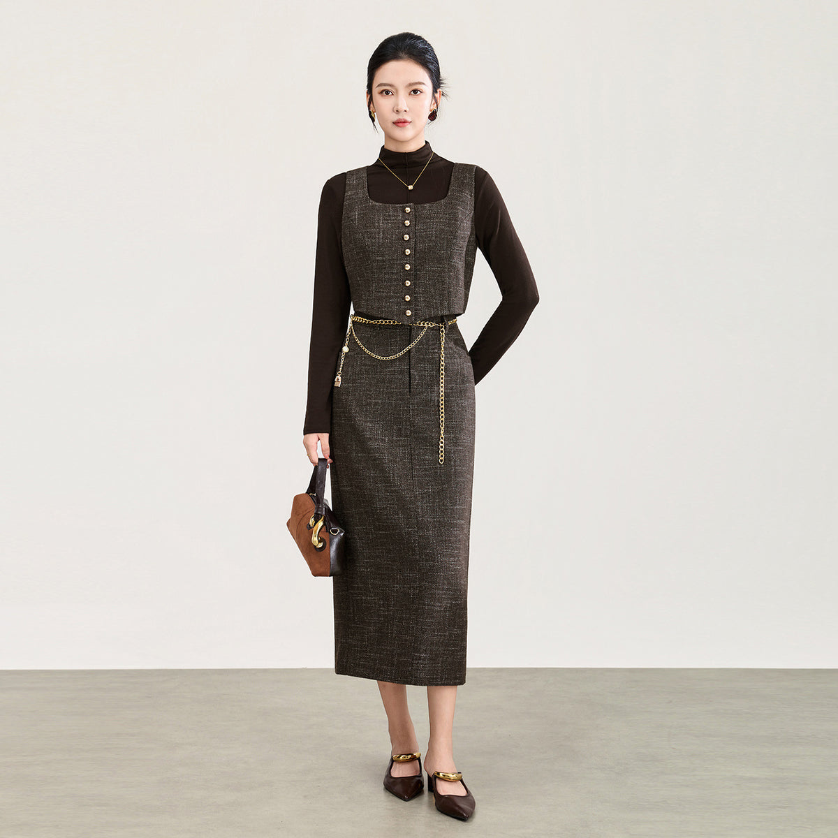 Two-piece Women's Skirt Set Elegant Square Neck Sashes Plaid Vest Long Midi Skirt Winter 2026 Luxury Tweed Skirt Set