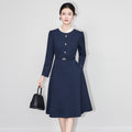 Elegant Commuter Midi Dress High Waist Slimming Full Skirt TR Fabric round Neck Long Sleeve A- Line Skirt Style Quality Fashion