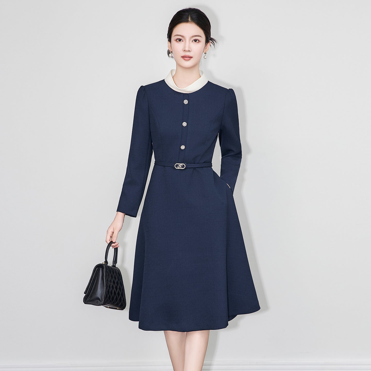 Elegant Commuter Midi Dress High Waist Slimming Full Skirt TR Fabric round Neck Long Sleeve A- Line Skirt Style Quality Fashion