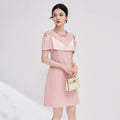 Elegant Draped Shoulder Mid Length A- Line Dress for Women Glittering Diamond Embellished Simple Color Summer New Fashion Dress