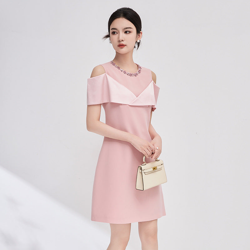 Elegant Draped Shoulder Mid Length A- Line Dress for Women Glittering Diamond Embellished Simple Color Summer New Fashion Dress