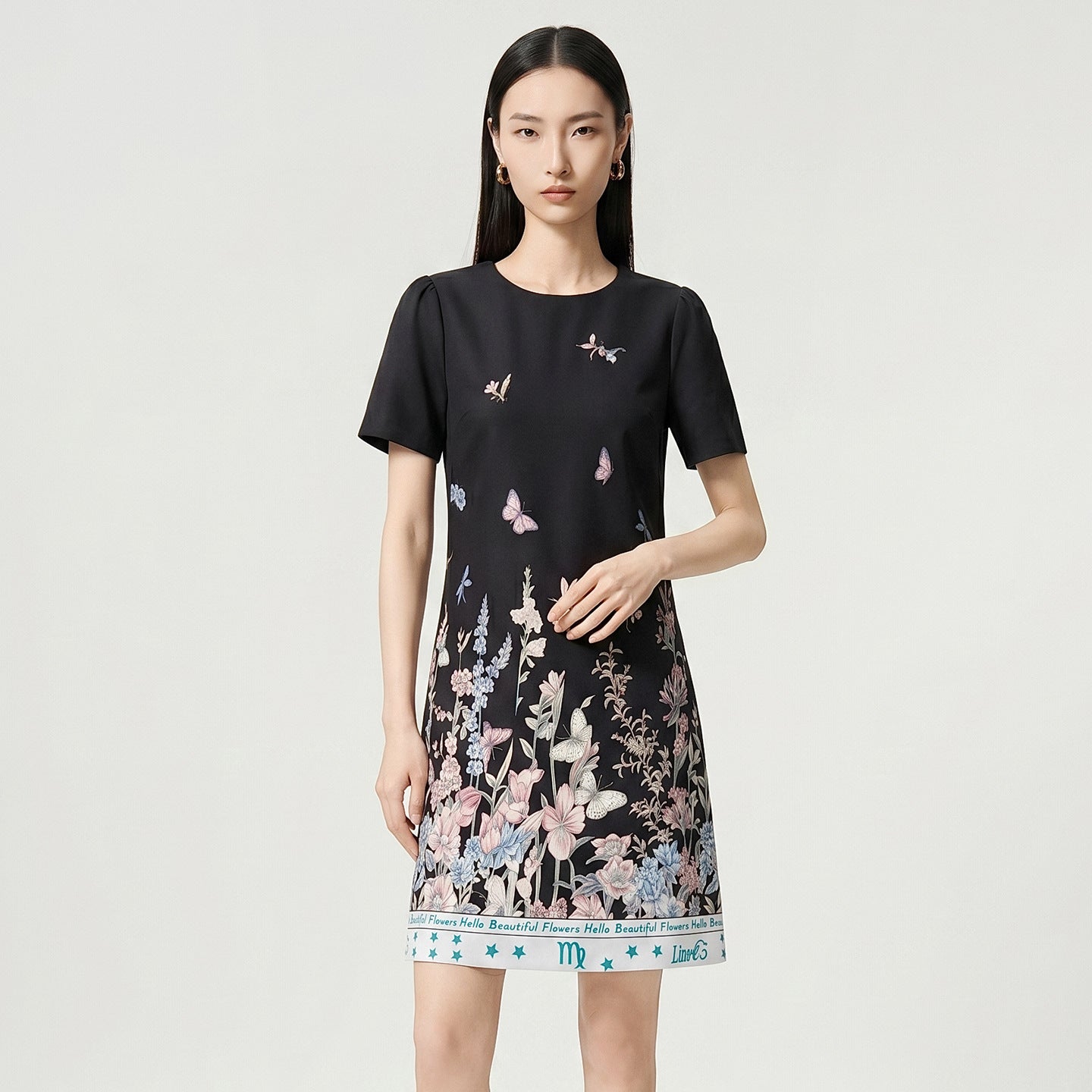 French Elegant Fashion Socialite Summer Dress Round Neck Short-sleeve Butterfly Floral Print High Waist A-line Short Dress Women