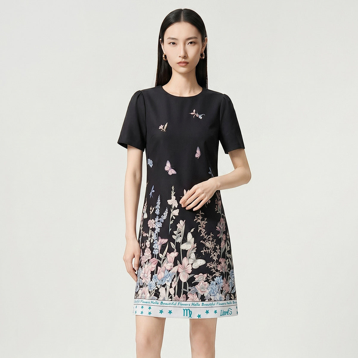 Black French Elegant Fashion Socialite Summer Dress Round Neck Short-sleeve Butterfly Floral Print High Waist A-line Short Dress Women