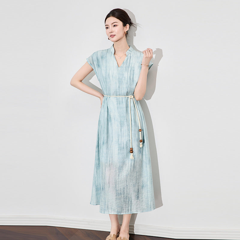 Elegant Fashionable Summer Silk Blend Long Dress with Water-Mark Embroidery Midi A- Line Skirt for Women Vacation Style