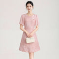 French Elegant Temperament Beaded Round Neck Short Sleeve High Waist Slim A-line Simple Commuter Party Dresses Women Summer