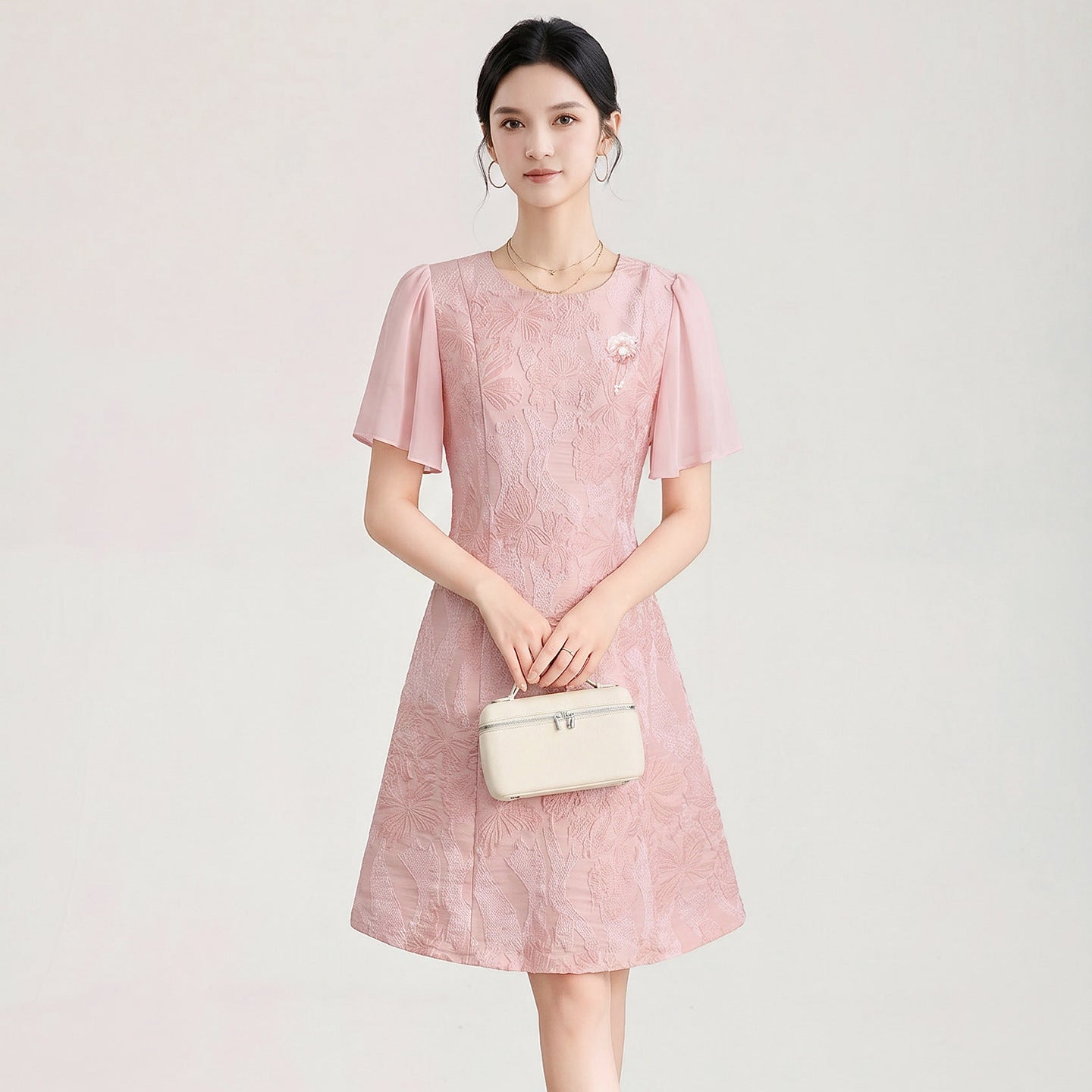 French Elegant Temperament Beaded Round Neck Short Sleeve High Waist Slim A-line Simple Commuter Party Dresses Women Summer