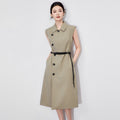 Sleeveless Trench Long Dress Luxury Lapel Collar Belted Waist Elegant Structured Silhouette Old Money Aesthetic