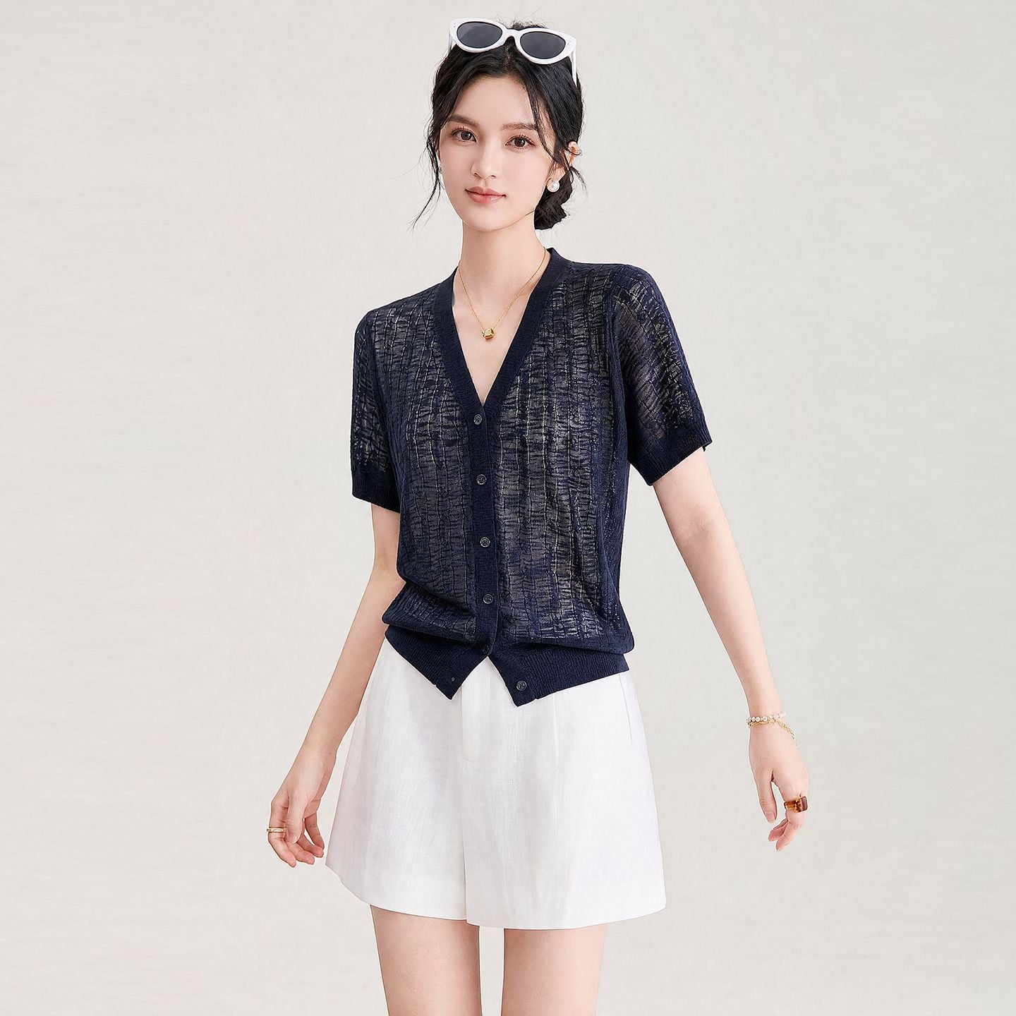 Lcelan V-Neck Short Sleeve Knitted Open Cardigan Women's Thin Breathable Loose Top Casual Style Summer Fashion