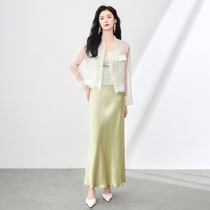 Shirt For Woman Spring New Commuter Stand-up Collar With Belt Silk Long Sleeve Top Women's Casual Black Shirt