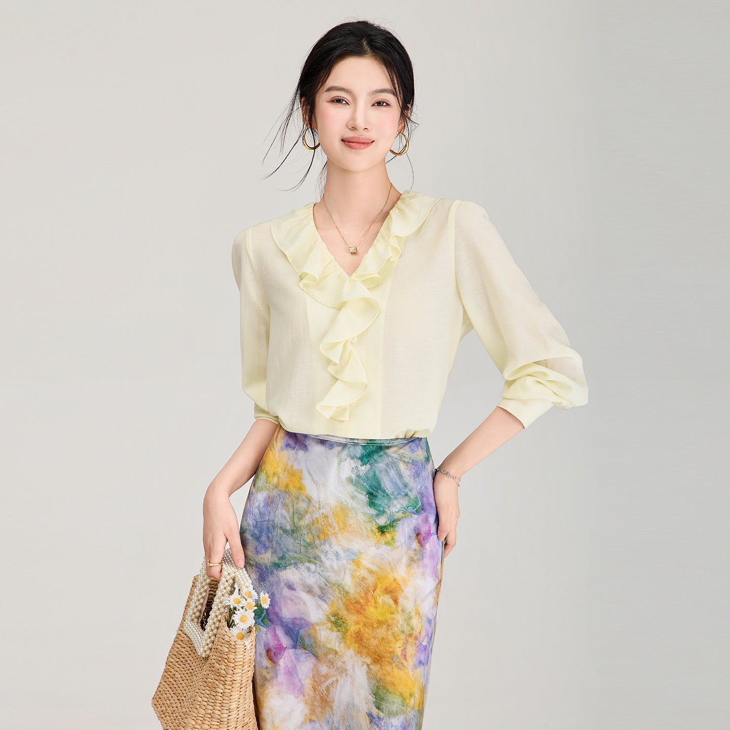 New Reline Mixed Single Row Multi-Bule V-Ne Long Sve irt Loose Fit Polyester Skin-Friendly Breathable