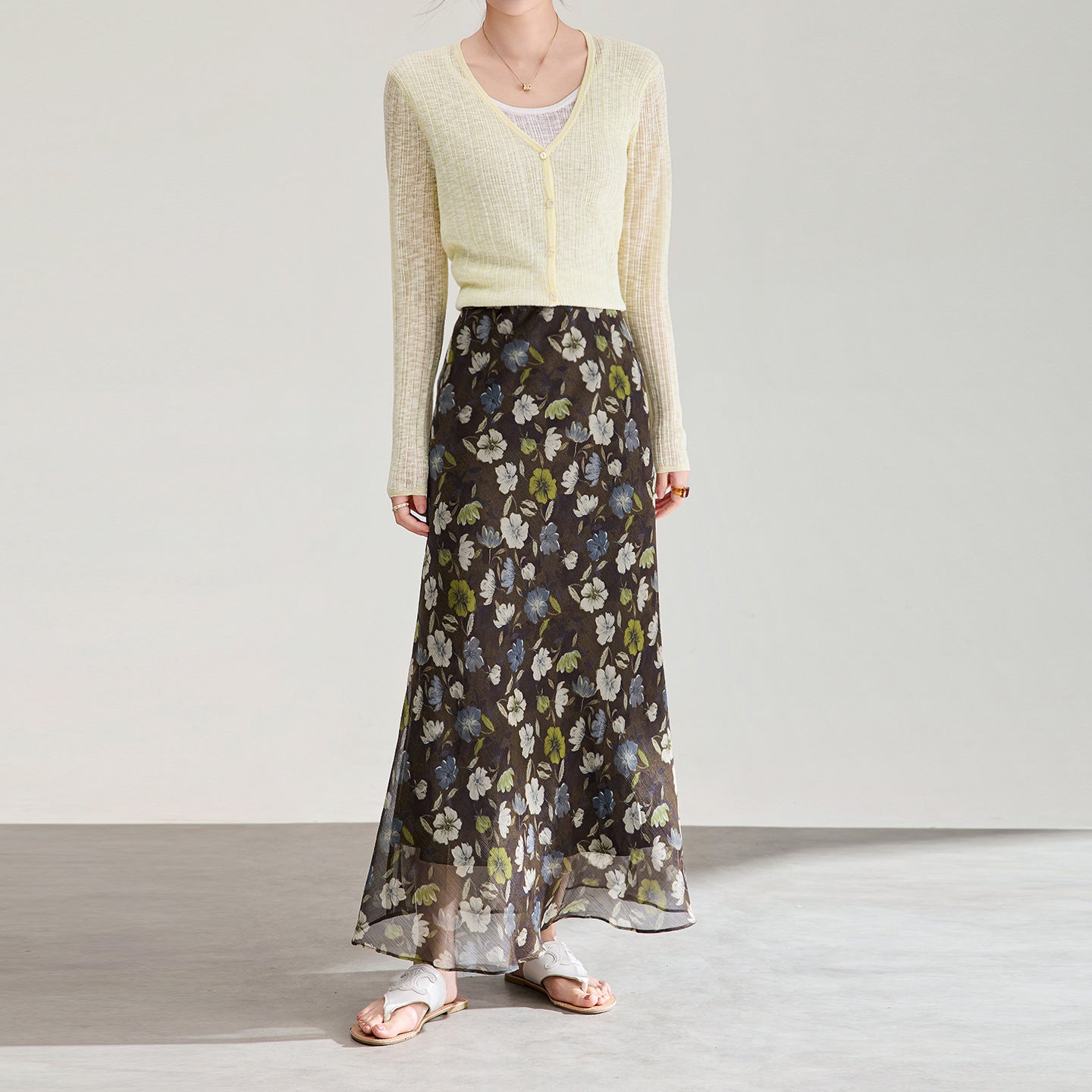 Spring Green Field Floral Print A-Line Midi Skirt Women's New Slimming Pleated High Waist Half Body Skirt