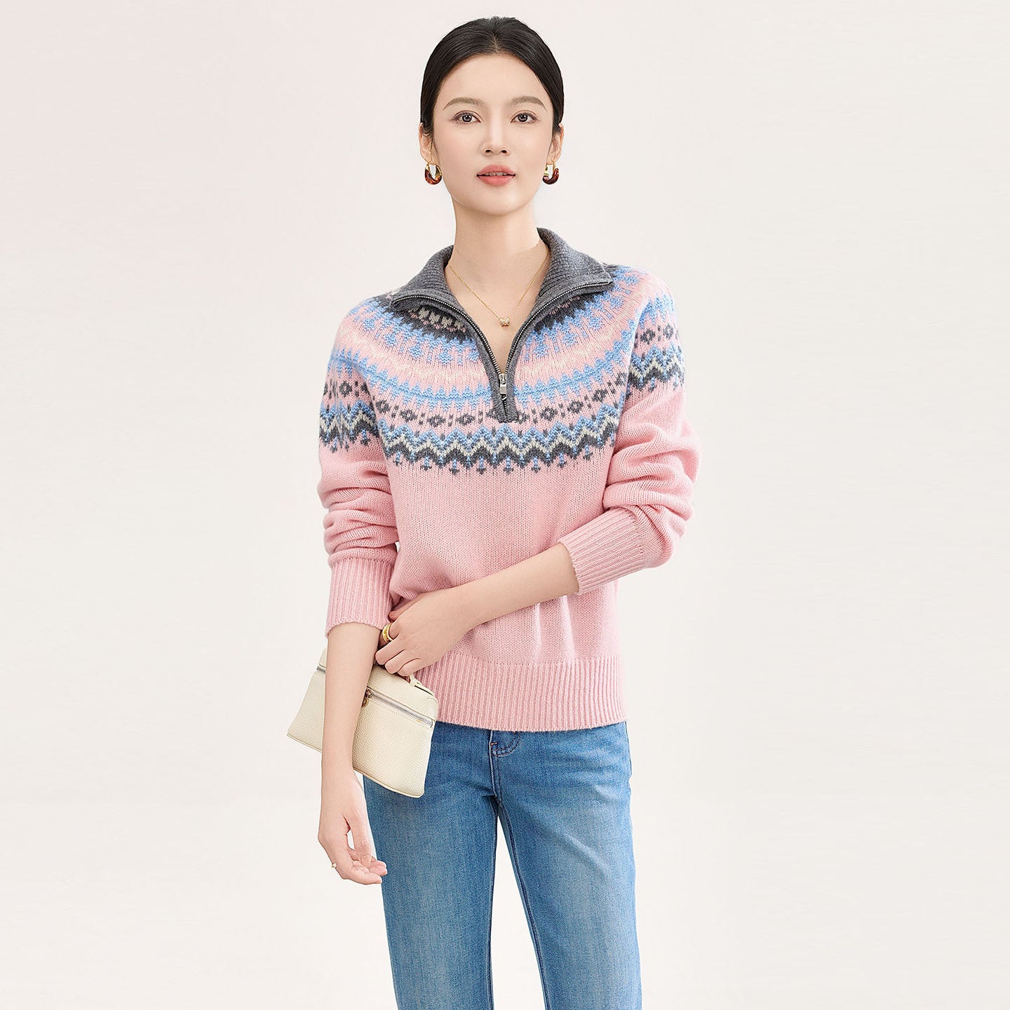 Seamless One-Piece Pure Wool Knitted Sweater with Knit Flower Design Fair Isle Style for Autumn And Winter Casual Loose Fit