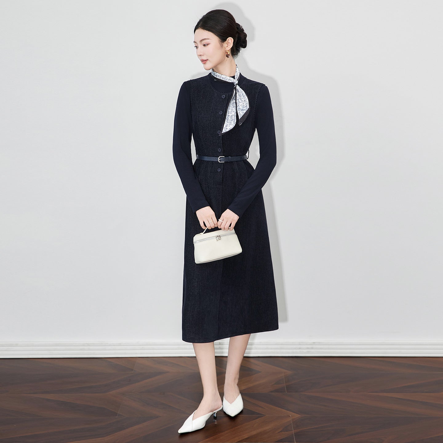 French Style Pure Color Base Shirt And Chenille Vest Dress Two-Piece Set Elegant Commute Polyester Lycra Blend Casual Set