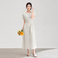 Retro Polka Wrap-Style Midi Dress With Short Sleeves, Tie-Waist, Elegant And Slimming Work And Casual Wear