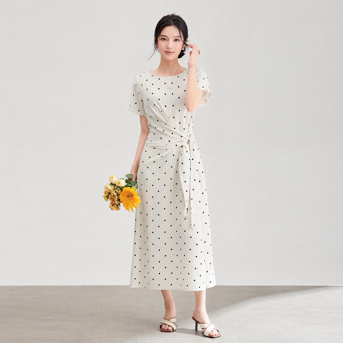Retro Polka Wrap-Style Midi Dress With Short Sleeves, Tie-Waist, Elegant And Slimming Work And Casual Wear