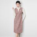 Elegant Thickened Wool Blend French Style Sleeveless Vest Dress Gentle Classy A-Line Midi Dress V-Neck Long Sleeve Dress