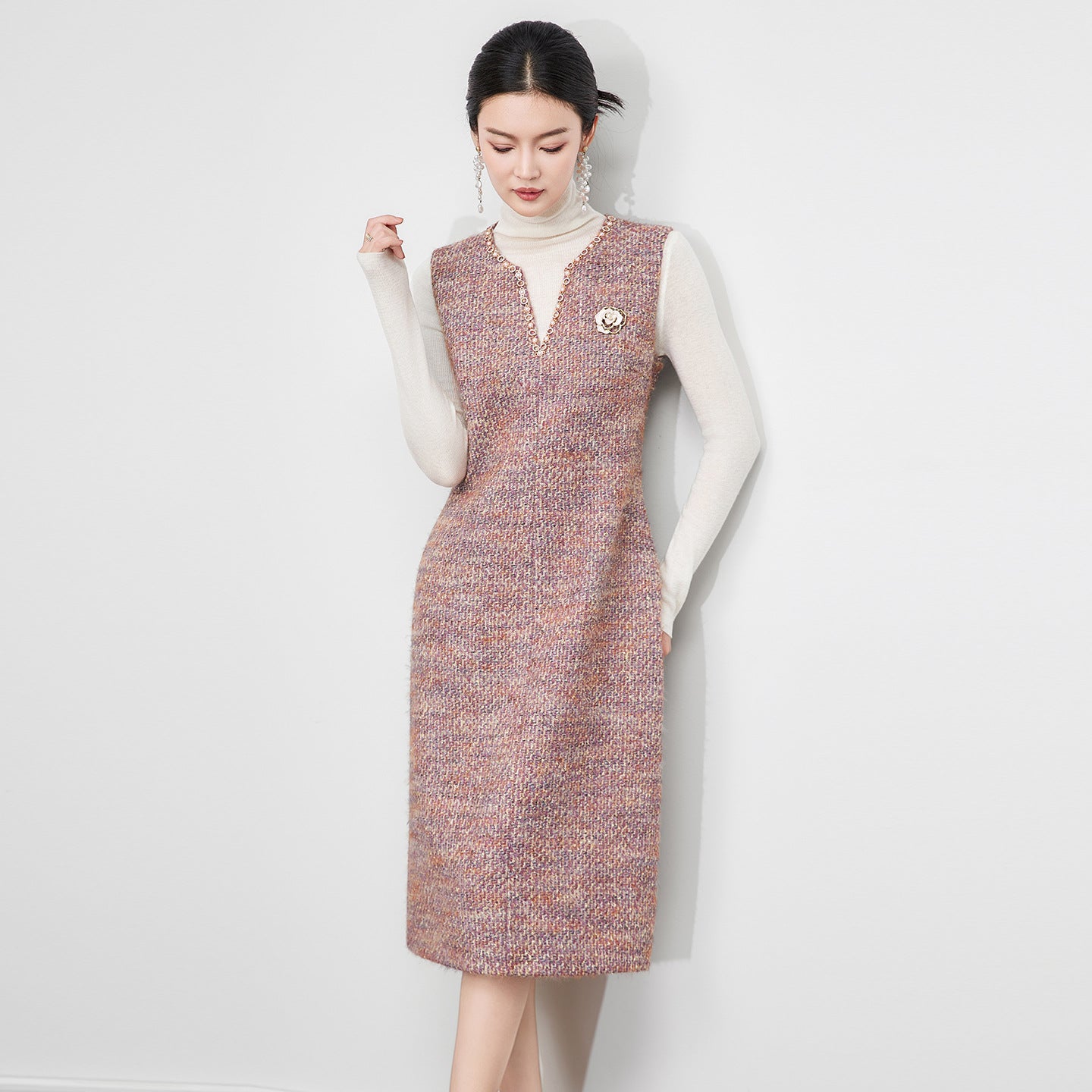 Elegant Thickened Wool Blend French Style Sleeveless Vest Dress Gentle Classy A-Line Midi Dress V-Neck Long Sleeve Dress