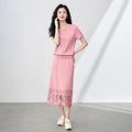 Casual Lace Splicing Loose Midi Skirt Women's Set round Neck Comfortable Atmosphere plus Size Space Cotton Blend Elegan