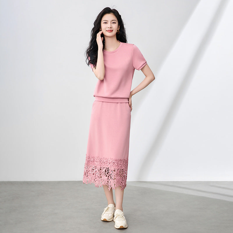 Casual Lace Splicing Loose Midi Skirt Women's Set round Neck Comfortable Atmosphere plus Size Space Cotton Blend Elegan