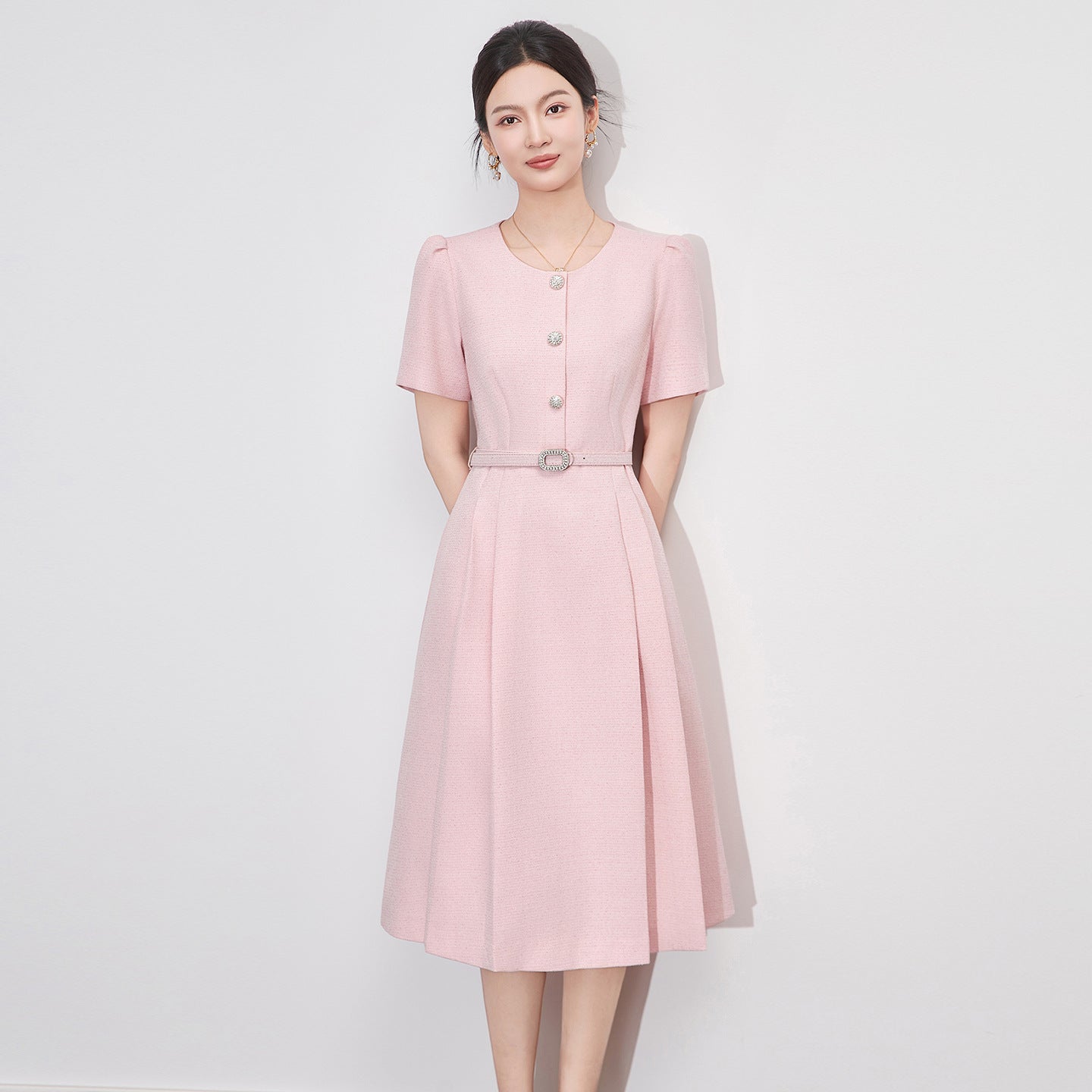 Elegant Slimming Waist Dress Commuter Drapey Style Women's New Model High Waist Midi Skirt French Style Pure Dress