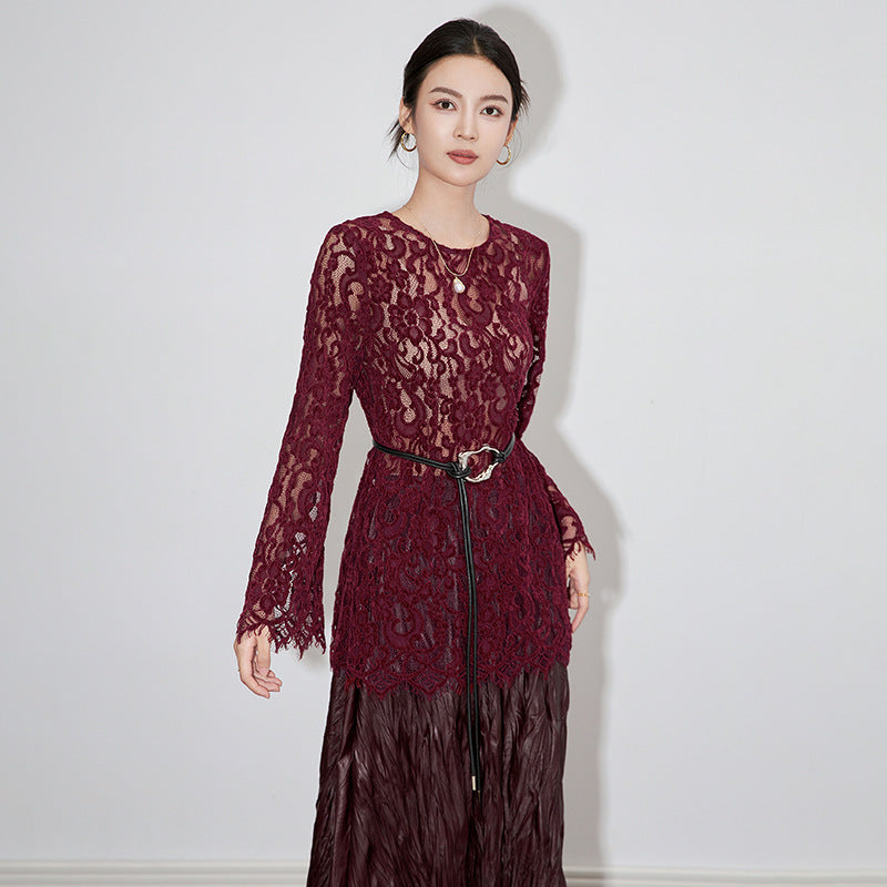 Flocking Embossed Lace Bell Sleeve Base Shirt Vintage Luxury Hollow out Semi-Transparent round Neck Long Sleeve French Style