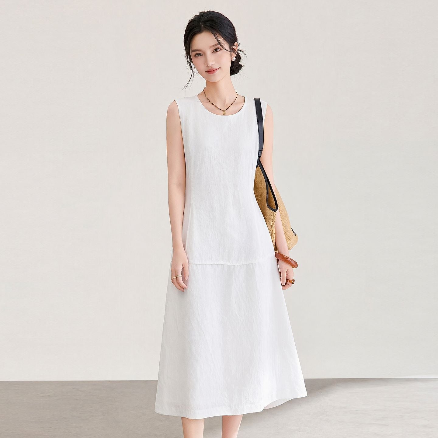 French Style Sleeveless White Dress Women Summer Patchwork Waist Black Vest Skirt Bloom Long Dress round Neck High Waist