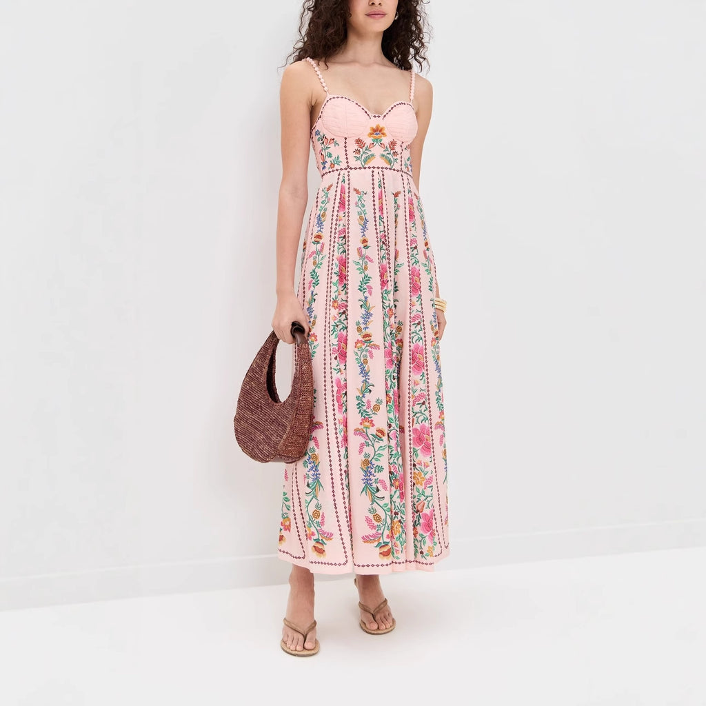 Summer High Waist Pleat Floral Printed Evening Dress Sexy Low Cut Backless Banquet Dress Garden Party Tube Top Long Dress Women