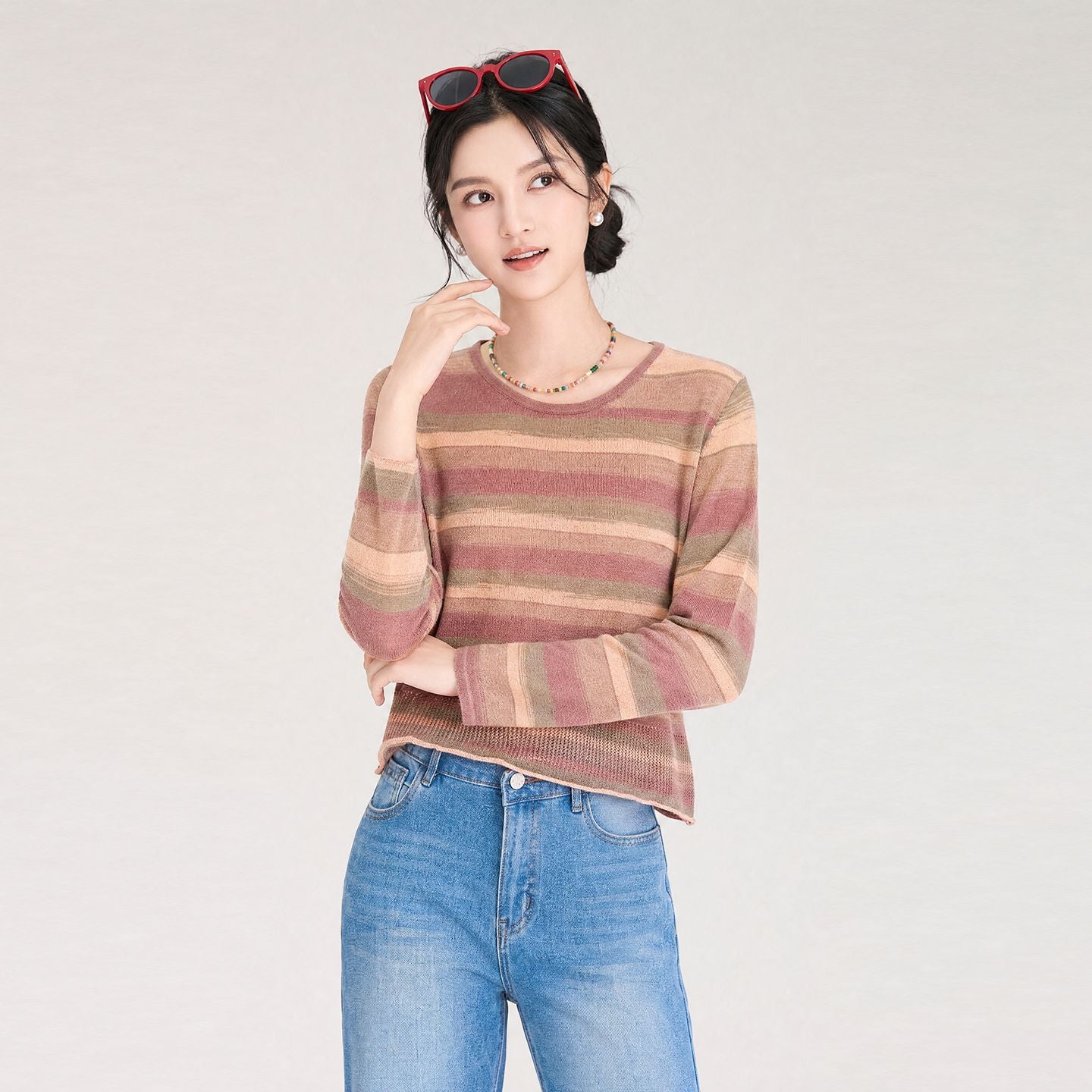 Retro Striped Knitted Women's Autumn New Spliced Square Collar Screw Thread Fashion Slim Versatile Casual Long Sleeved Tops