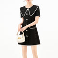 Elegant Lady's A-Line Dress with Collar Bow Color Block Tapered Waist Long Skirt Short Sleeve High Waist Commute Style