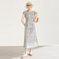 New Women's Cotton Floral Print Bubble Sleeve round Neck Dress High Waist Midi A-Line Skirt Summer Casual Business Travel Dress