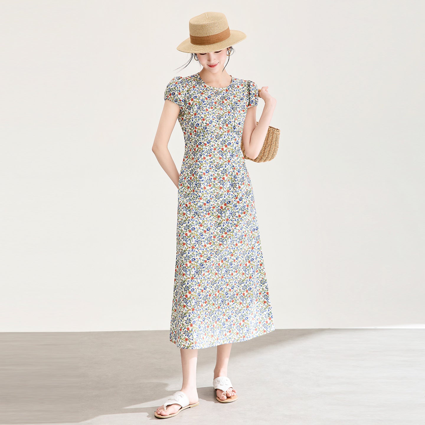 New Women's Cotton Floral Print Bubble Sleeve round Neck Dress High Waist Midi A-Line Skirt Summer Casual Business Travel Dress