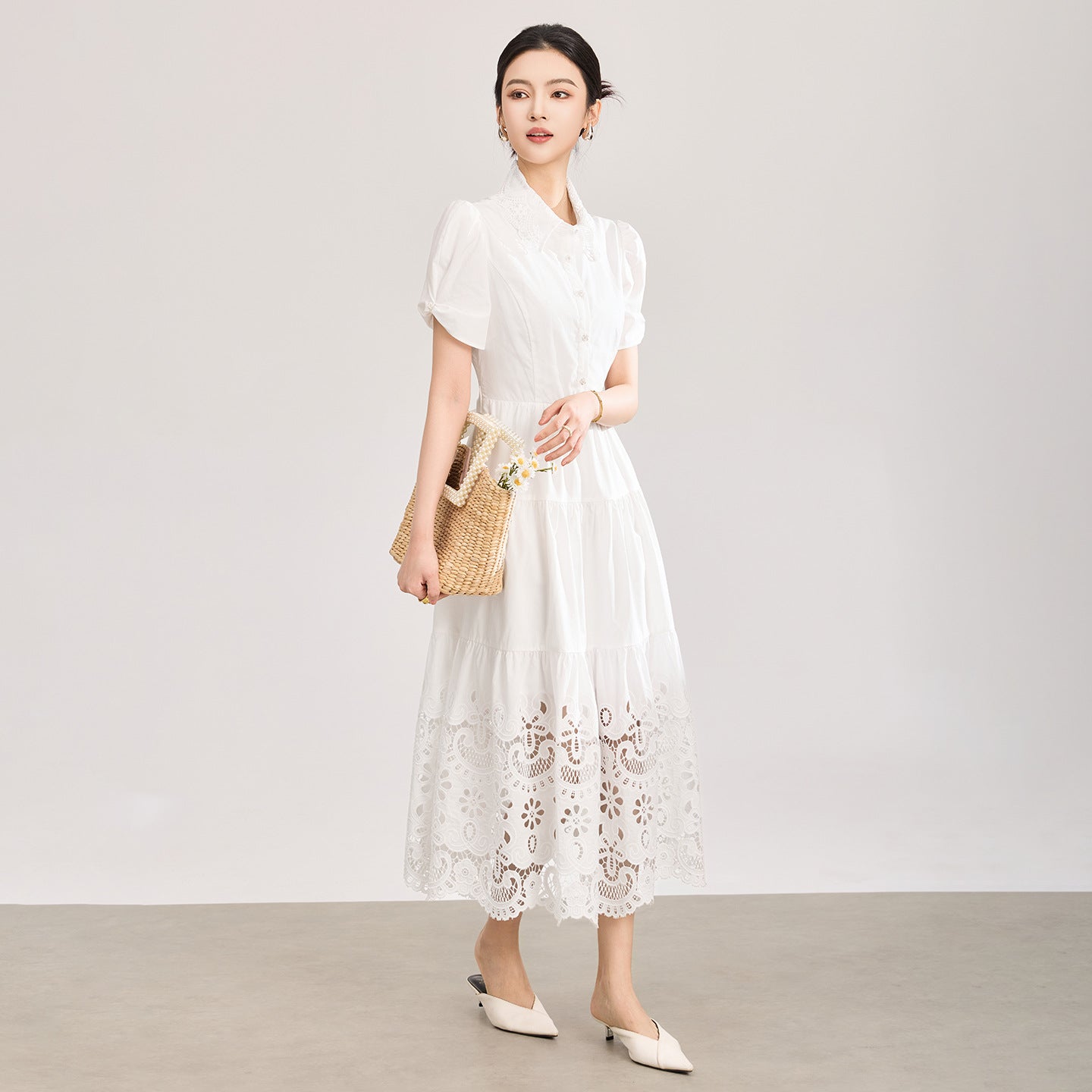 Elegant Lace Hollow out Collar Women's Dress Midi Skirt Style Short Sleeve Midi Length Fashionable Summer Dress