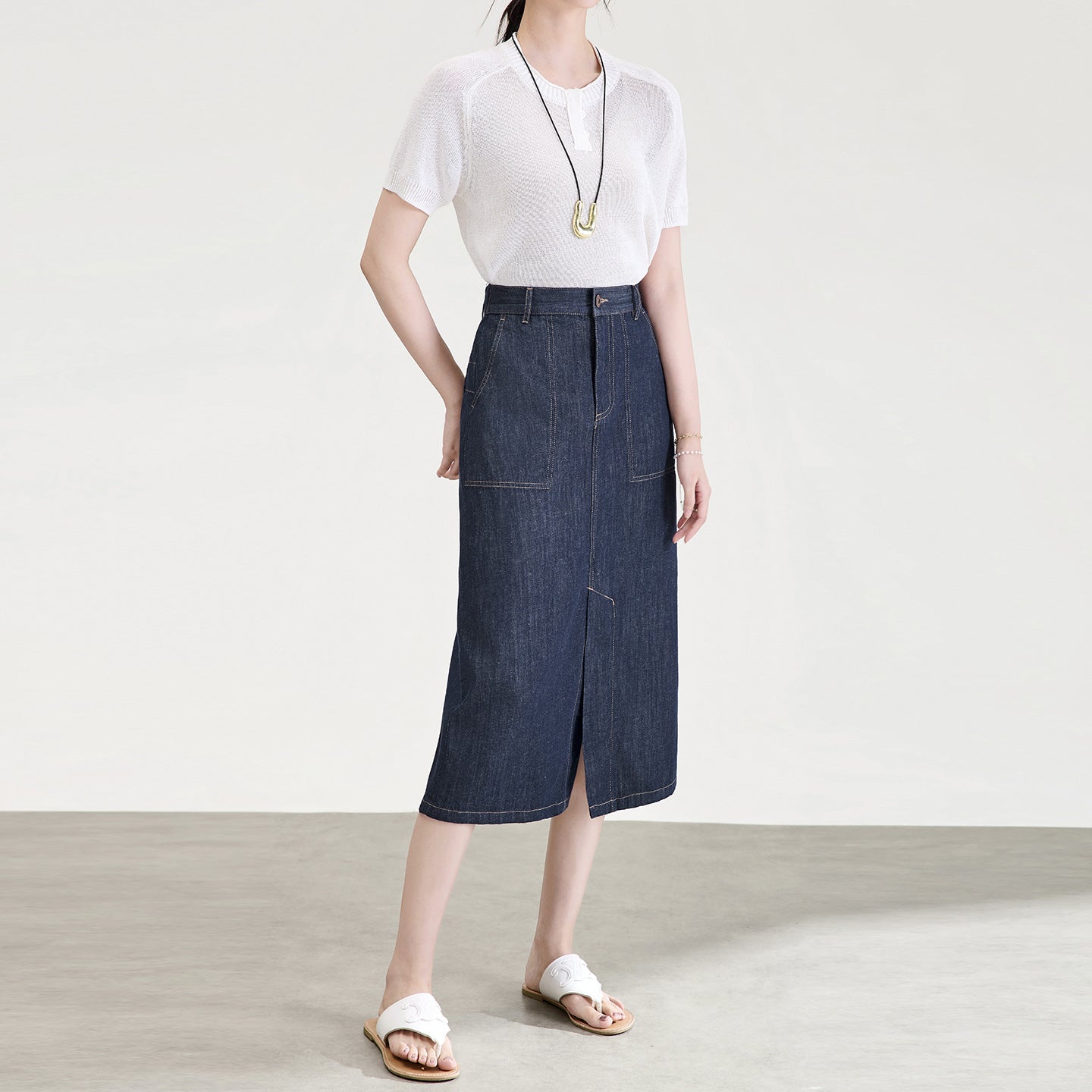 Deep Blue Denim High Waist Slimming Fashionable Straight Cut Skirt Women's Early Autumn New Style Casual High Waist Split Skirt