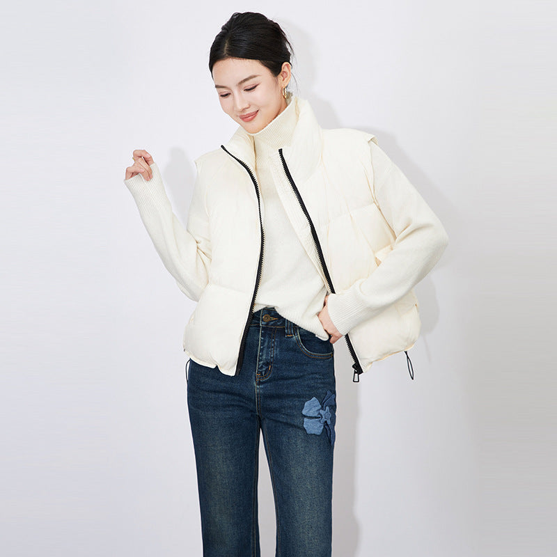 Beading Chain Women Down Vest Outerwear Sleeveless Stand Collar Casual Female Zipper Winter Jacket