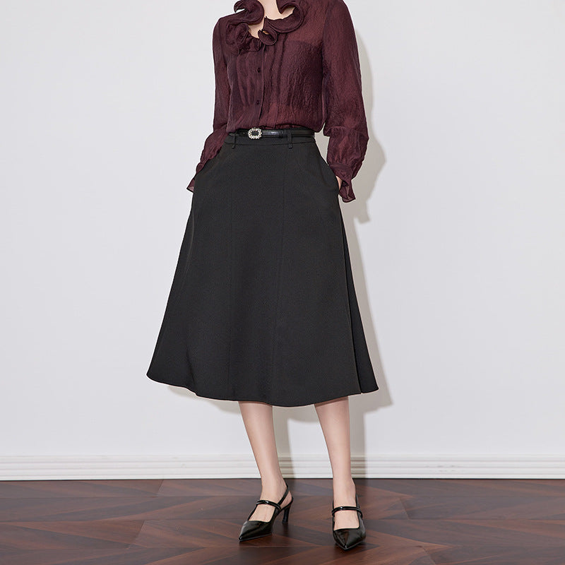 Elegant High Waist A- Line Midi Skirt Women's Early Spring Fashion plus Size Pleated Polyester Fiber Slimming Hip Covering