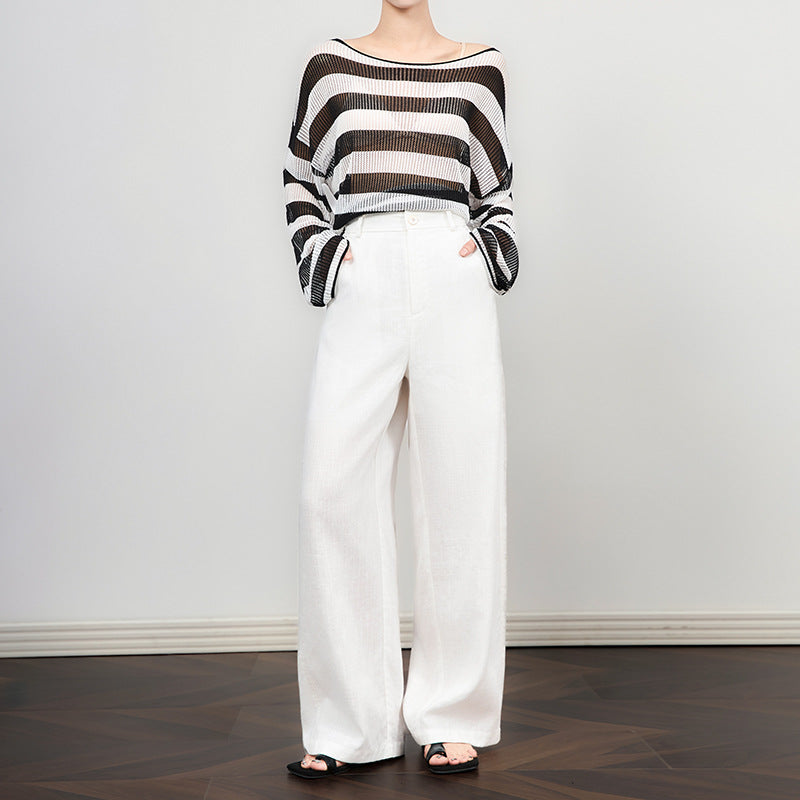 Linen Silk Casual Pants High Waist Wide Leg Straight Cut Summer New Style Commute Women's Fashion Elegant French Style