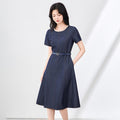 Elegant Solid A-Line Shell Beaded Patchwork O-Neck Short-Sleeve Waist-Cinching Dress With Belt Spring Women's