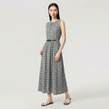 Retro Black White Grid Linen Sleeveless Dress with Belt Design Side Pockets Loose Slim Vest Dress Summer City Commute Universal