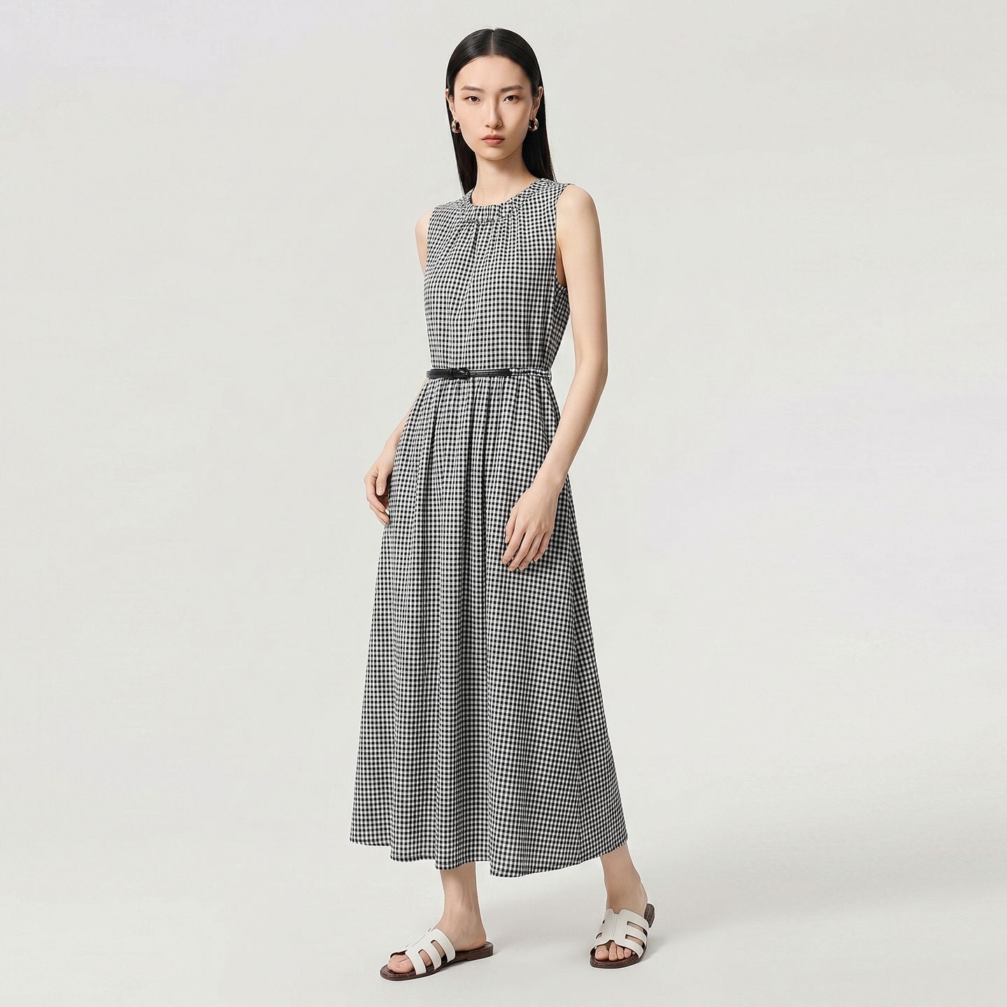 Retro Black White Grid Linen Sleeveless Dress with Belt Design Side Pockets Loose Slim Vest Dress Summer City Commute Universal