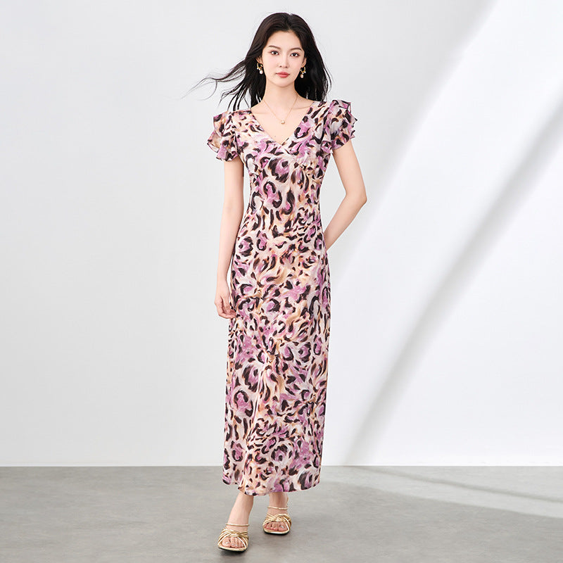 Romantic Oil Painting Art Print Silk Floral Dress Spring Summer New Lotus Leaf Short Sleeve High Waist A-Line V-Neck Dress