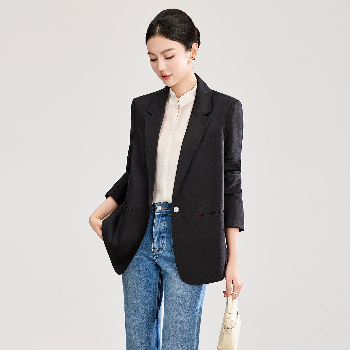Business Women's Suit Jacket South Oil High Intelligence Waist Cinching Commute Pearl Button Pleated 3/4 Sleeve Spring Style